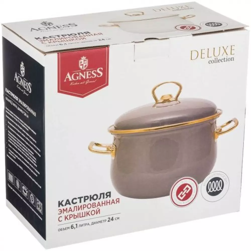 Кастрюля AGNESS эмалированная со стекл.крышкой серия DELUXE 6,1л