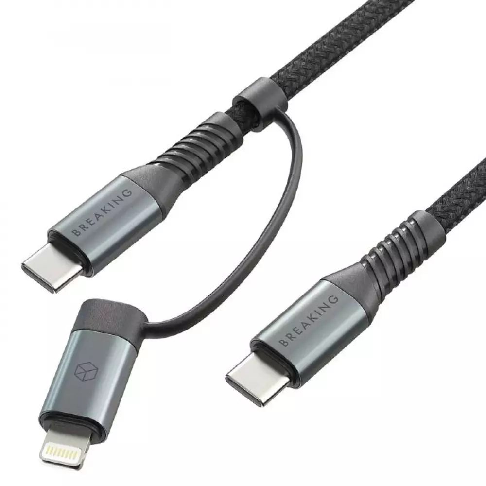 Кабель Breaking K32 2 в 1, USB-C - USB-C/Lightning, 27W, 3.0A, 1.2м (Черный) 21732