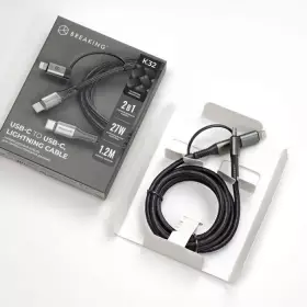 Кабель Breaking K32 2 в 1, USB-C - USB-C/Lightning, 27W, 3.0A, 1.2м (Черный) 21732