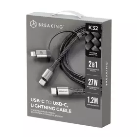 Кабель Breaking K32 2 в 1, USB-C - USB-C/Lightning, 27W, 3.0A, 1.2м (Черный) 21732