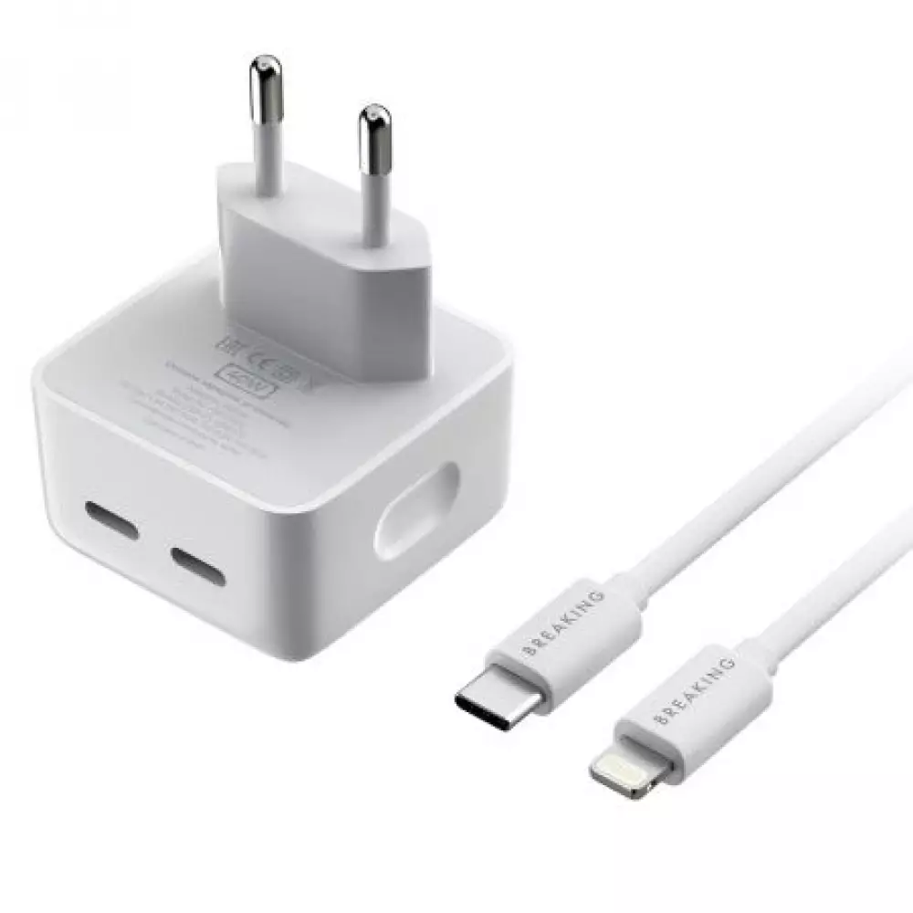 СЗУ Breaking WC01, 2USB-C, PD40W, 3A+кабель USB-C, Lightning (белый) 22262