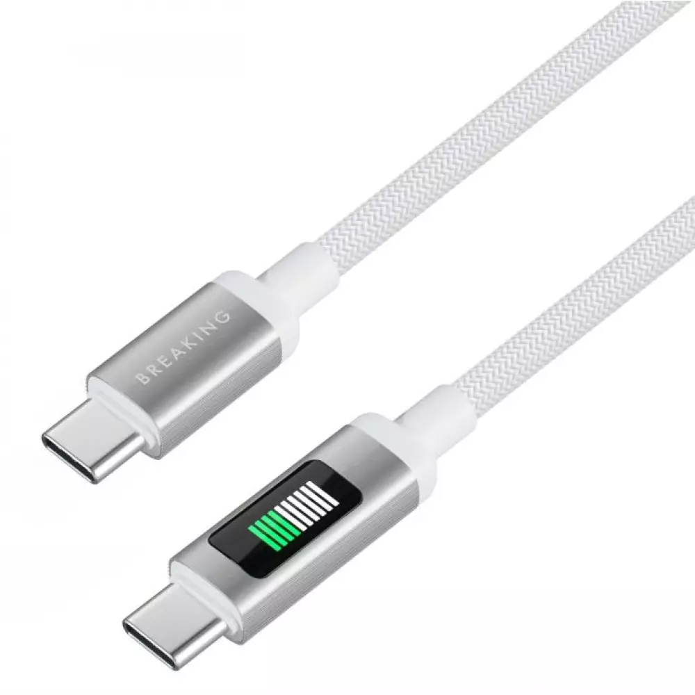 Кабель Breaking K34 USB-C-USB-C, 60W, 3A, LED-дисплей 1м (Белый) 21735