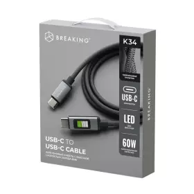Кабель Breaking K34 USB-C-USB-C, 60W, 3A, LED-дисплей 1м (Черный) 21736