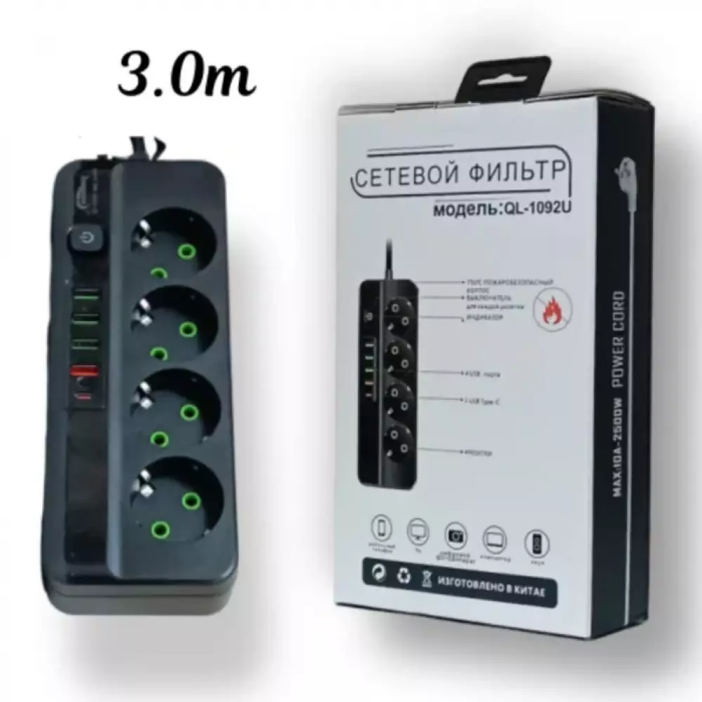 Сетевой фильтр QL-1092U 3м Белый 4гн 4 порта 1Type-C