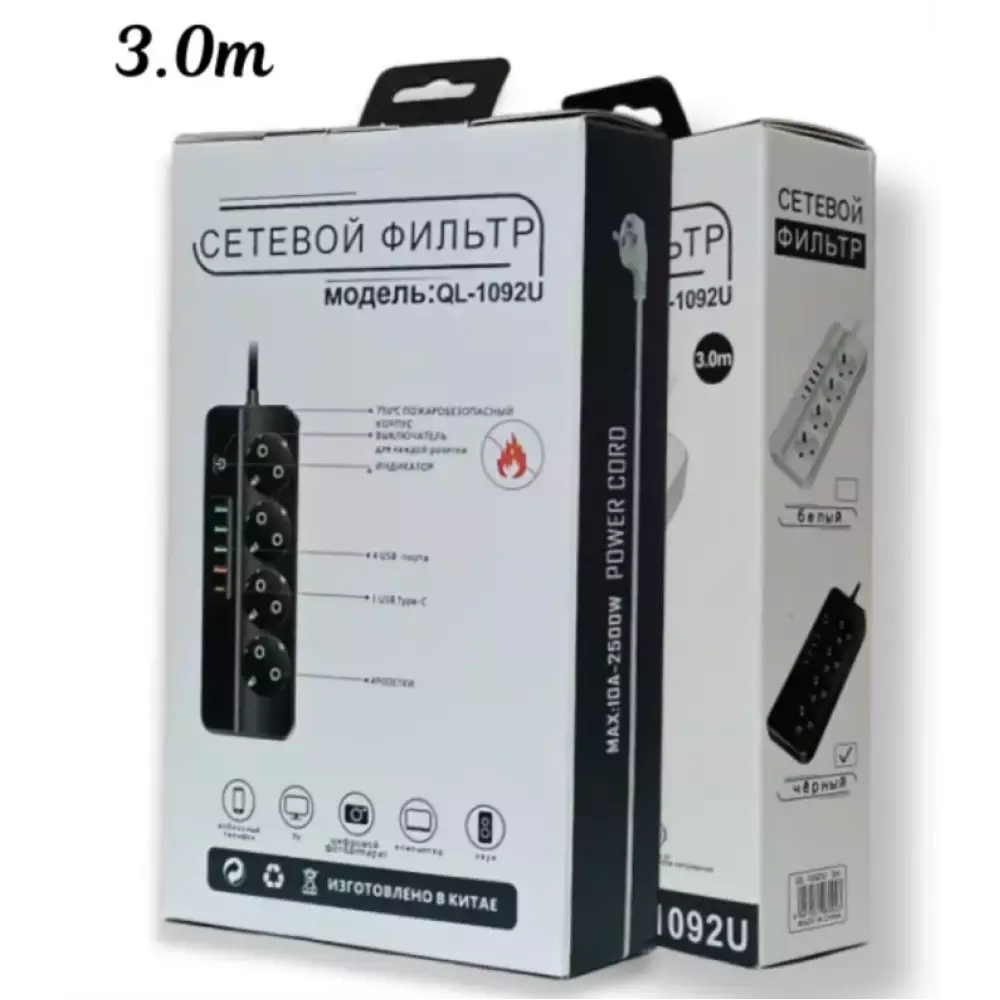 Сетевой фильтр QL-1092U 3м Белый 4гн 4 порта 1Type-C