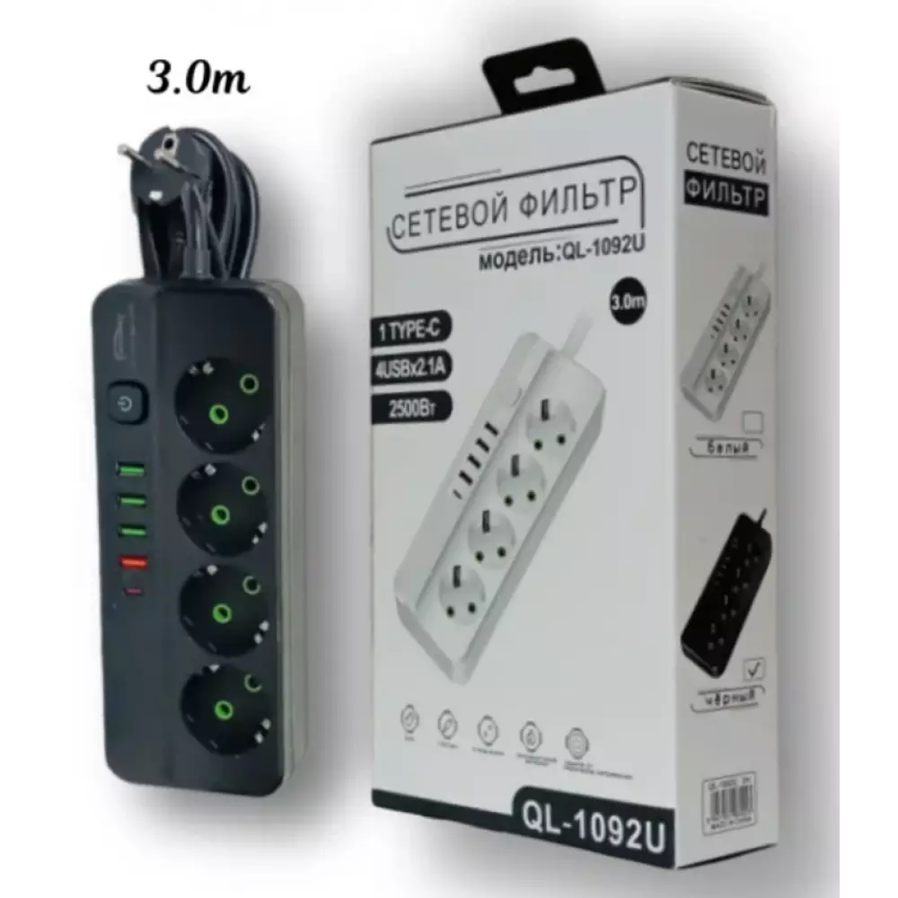 Сетевой фильтр QL-1092U 3м Белый 4гн 4 порта 1Type-C