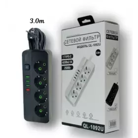 Сетевой фильтр QL-1092U 3м Черный 4гн 4 порта 1Type-C