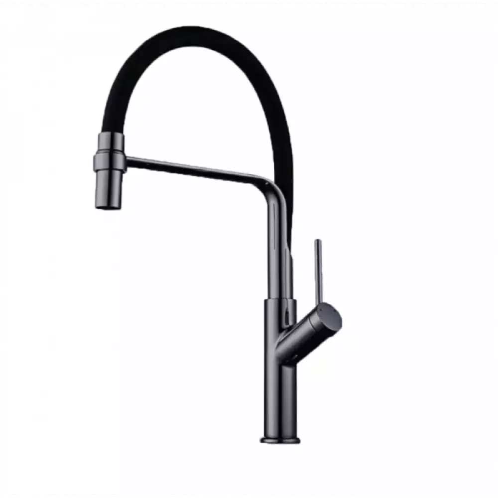 Смеситель для кухни Dikalan D40036-4, высокий гибкий черный излив, корпус серый