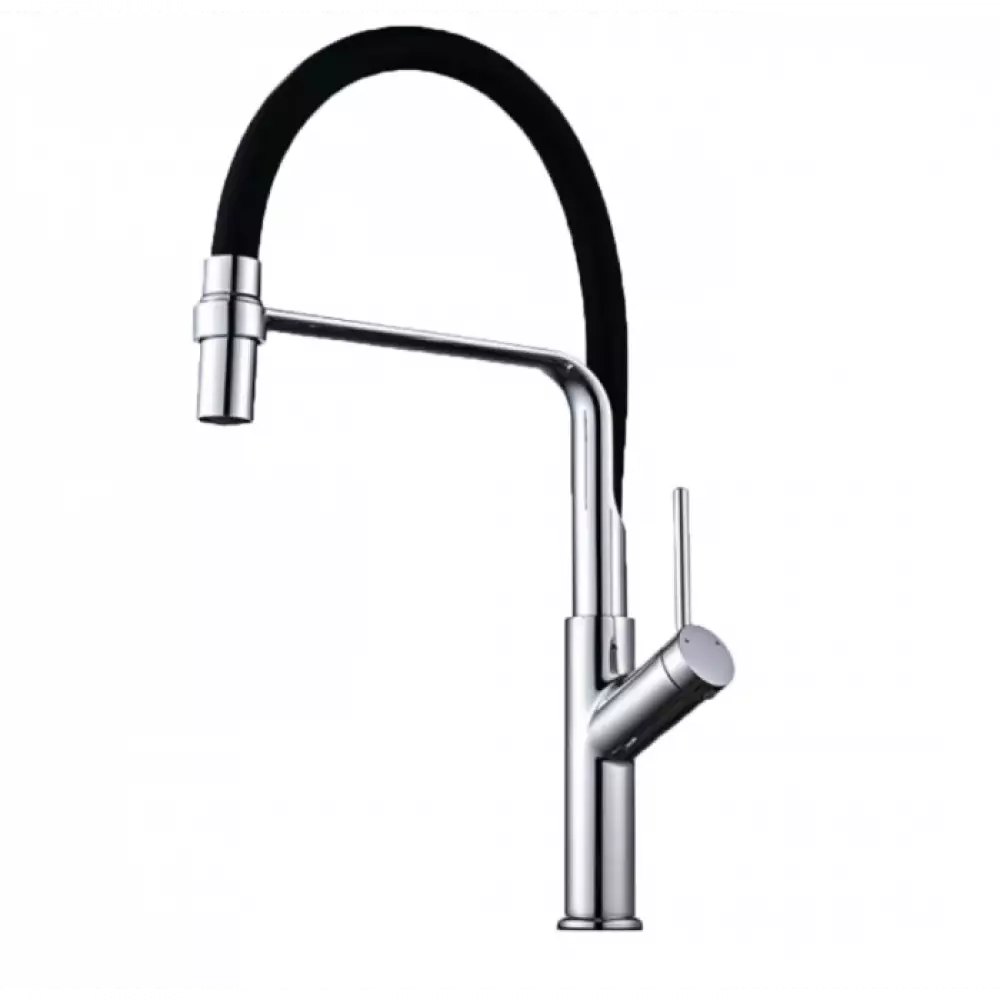 Смеситель для кухни Dikalan D40036, высокий гибкий черный излив, корпус хром