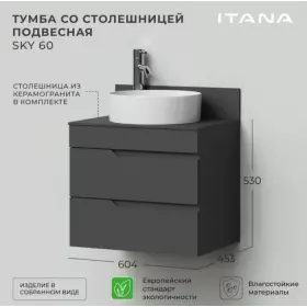Тумба Итана Sky 60 подвесная графит 596*446*520 под раковину